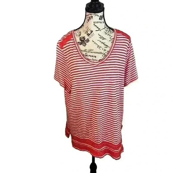 Talbots Woman Petites 3XP Red White Stripe Knit Tee Shirt Crochet Detail Modal - Picture 1 of 5